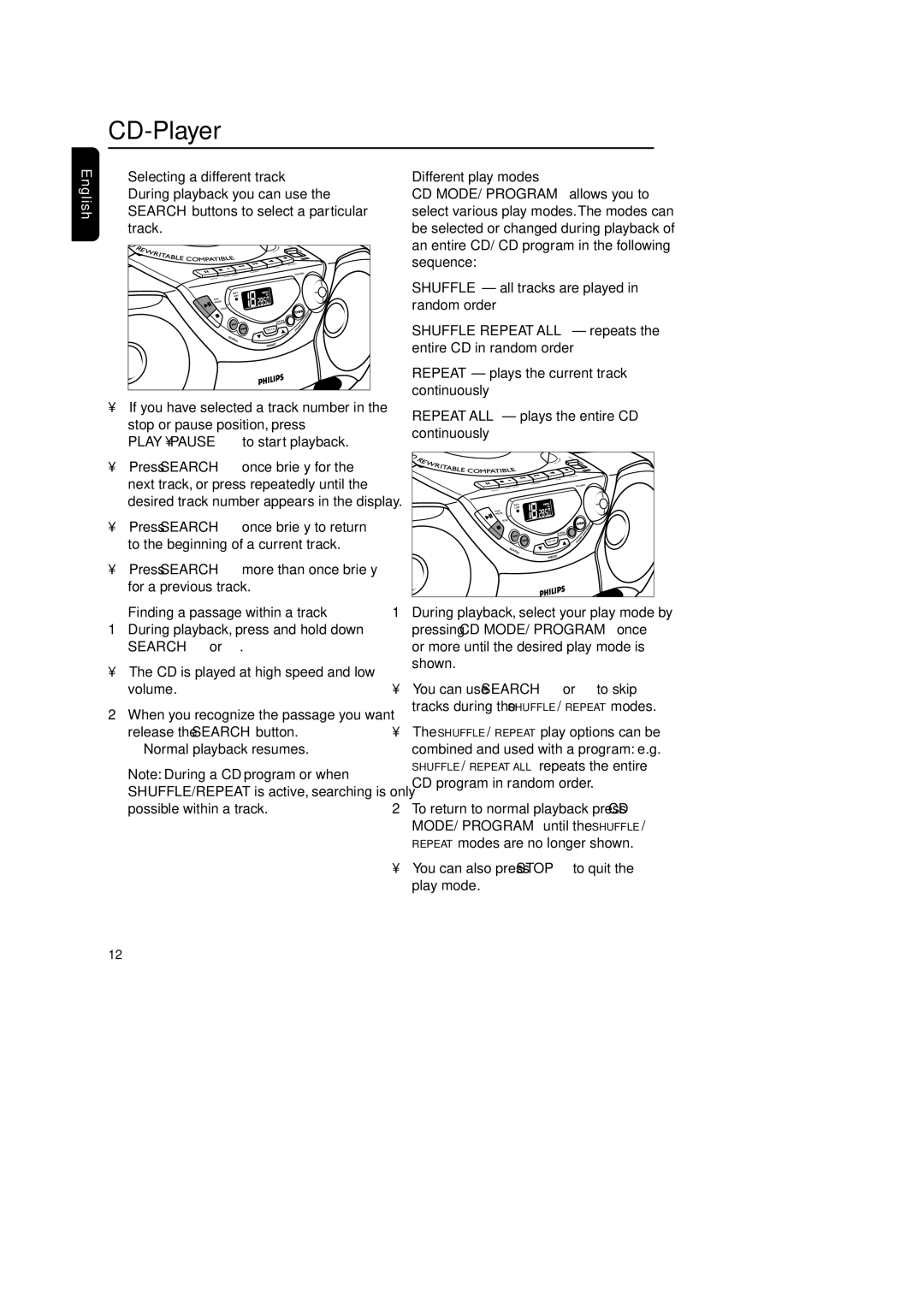 Philips AZ 1018 manual Selecting a different track, Track, Finding a passage within a track, Shuffle Repeat ALL repeats 