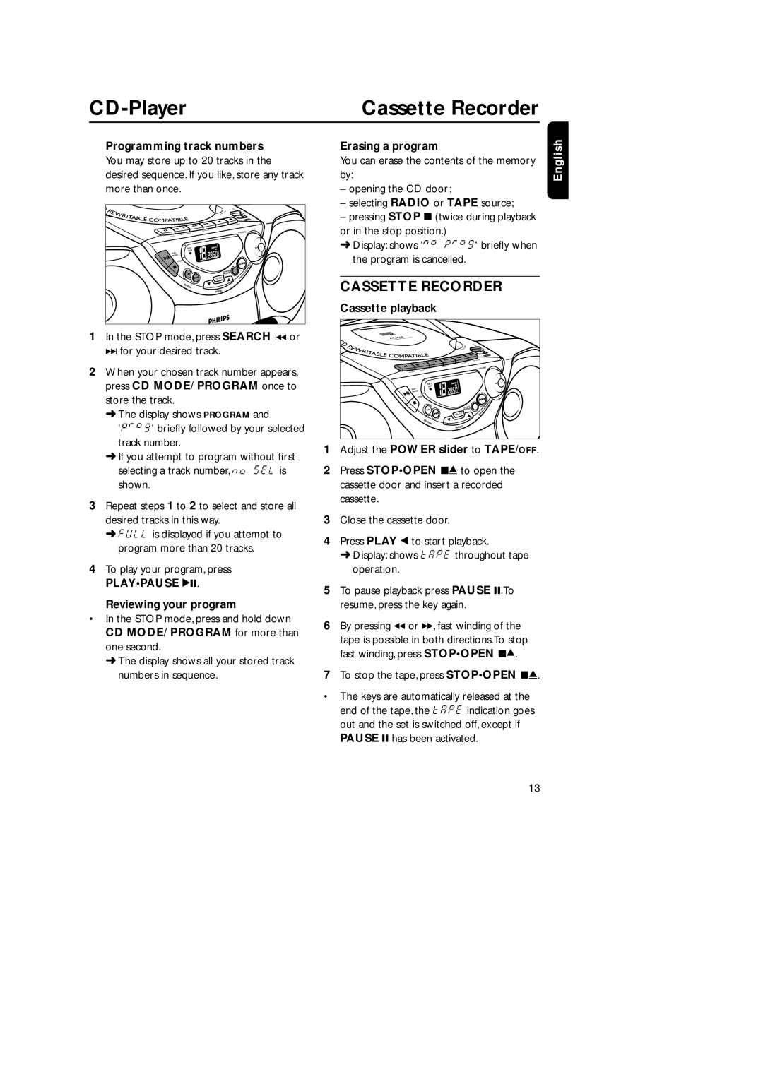 Philips AZ 1018 manual Programming track numbers, Reviewing your program, Erasing a program, Cassette playback 