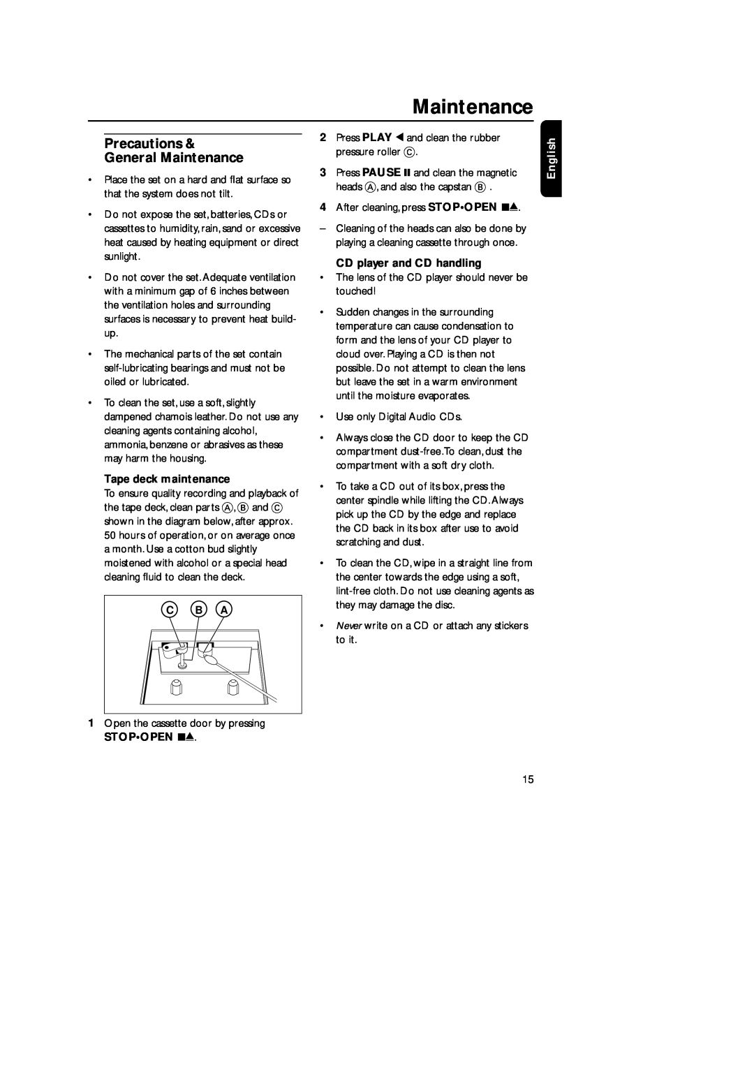 Philips AZ 1018 Precautions General Maintenance, C B A, Tape deck maintenance, CD player and CD handling, English 