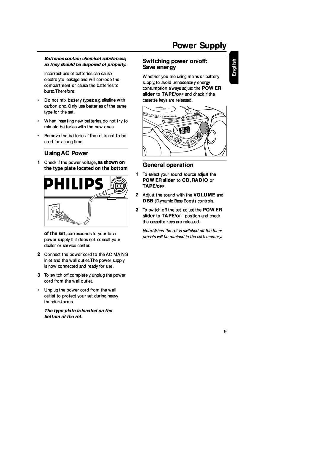 Philips AZ 1018 manual Power Supply, Using AC Power, Switching power on/off Save energy, General operation, English 