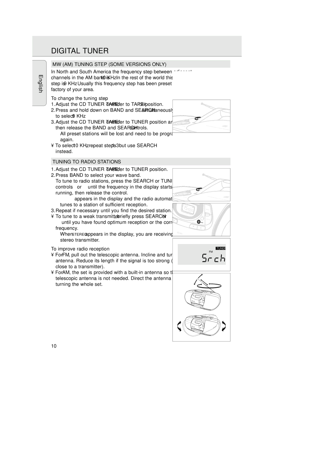 Philips AZ 1025 Digital Tuner, MW AM Tuning Step Some Versions only, To change the tuning step, Tuning to Radio Stations 