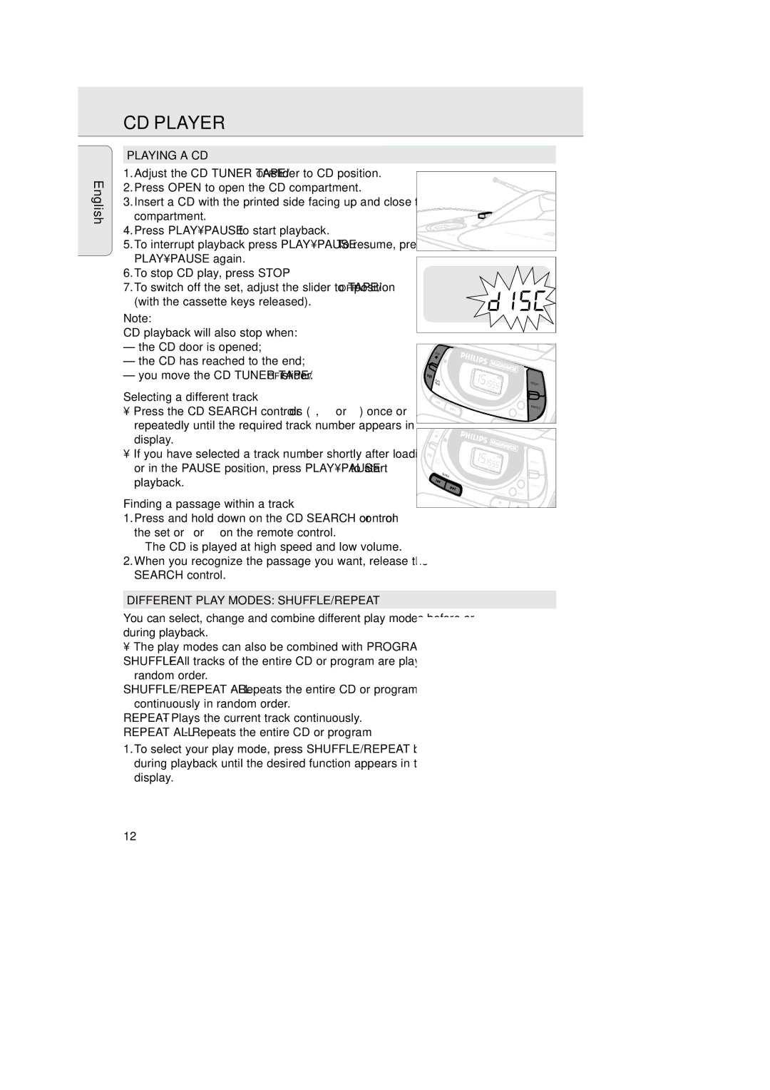 Philips AZ 1025 manual CD Player, Playing a CD, Selecting a different track, Finding a passage within a track 