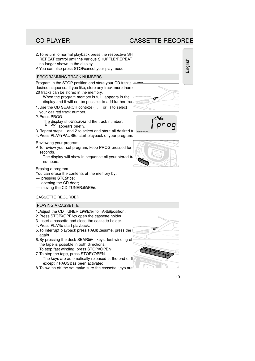 Philips AZ 1025 Programming Track Numbers, Reviewing your program, Erasing a program, Cassette Recorder Playing a Cassette 