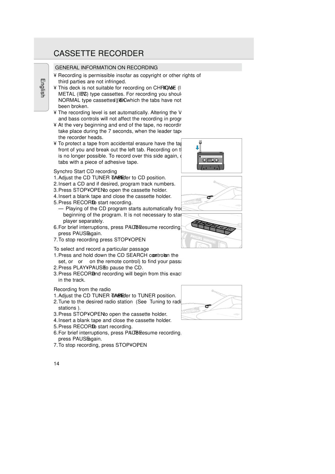 Philips AZ 1025 Cassette Recorder, General Information on Recording, Synchro Start CD recording, Recording from the radio 