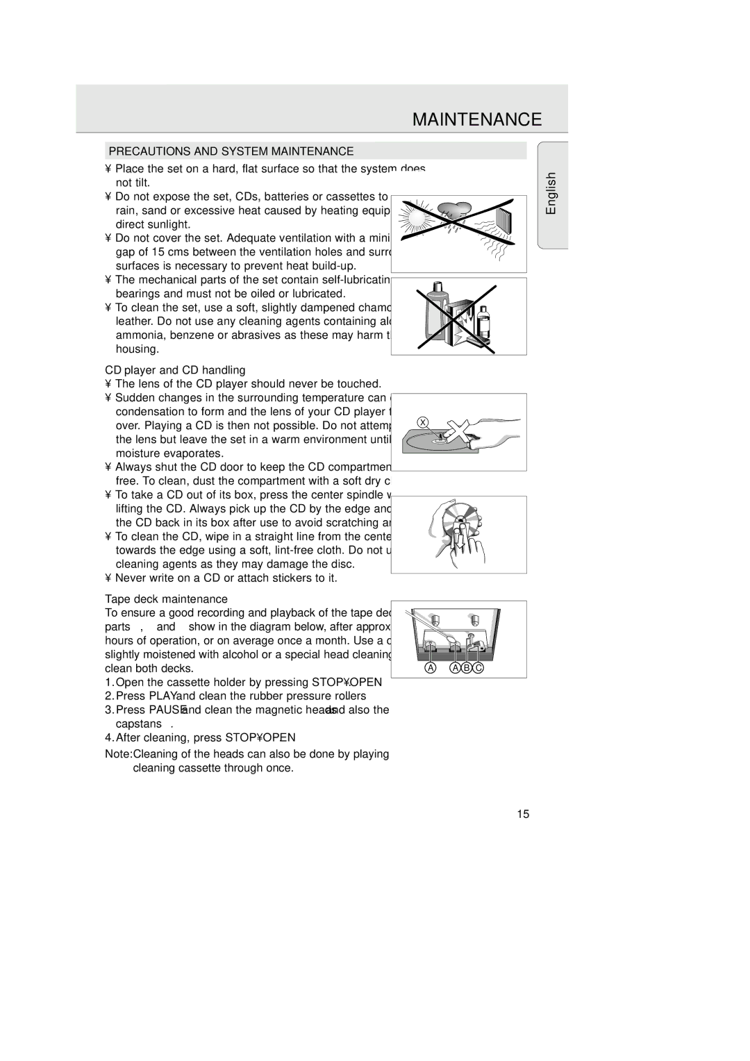 Philips AZ 1025 manual Precautions and System Maintenance, CD player and CD handling, Tape deck maintenance 