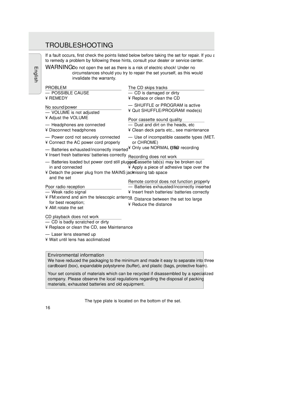 Philips AZ 1025 manual Troubleshooting, Problem 