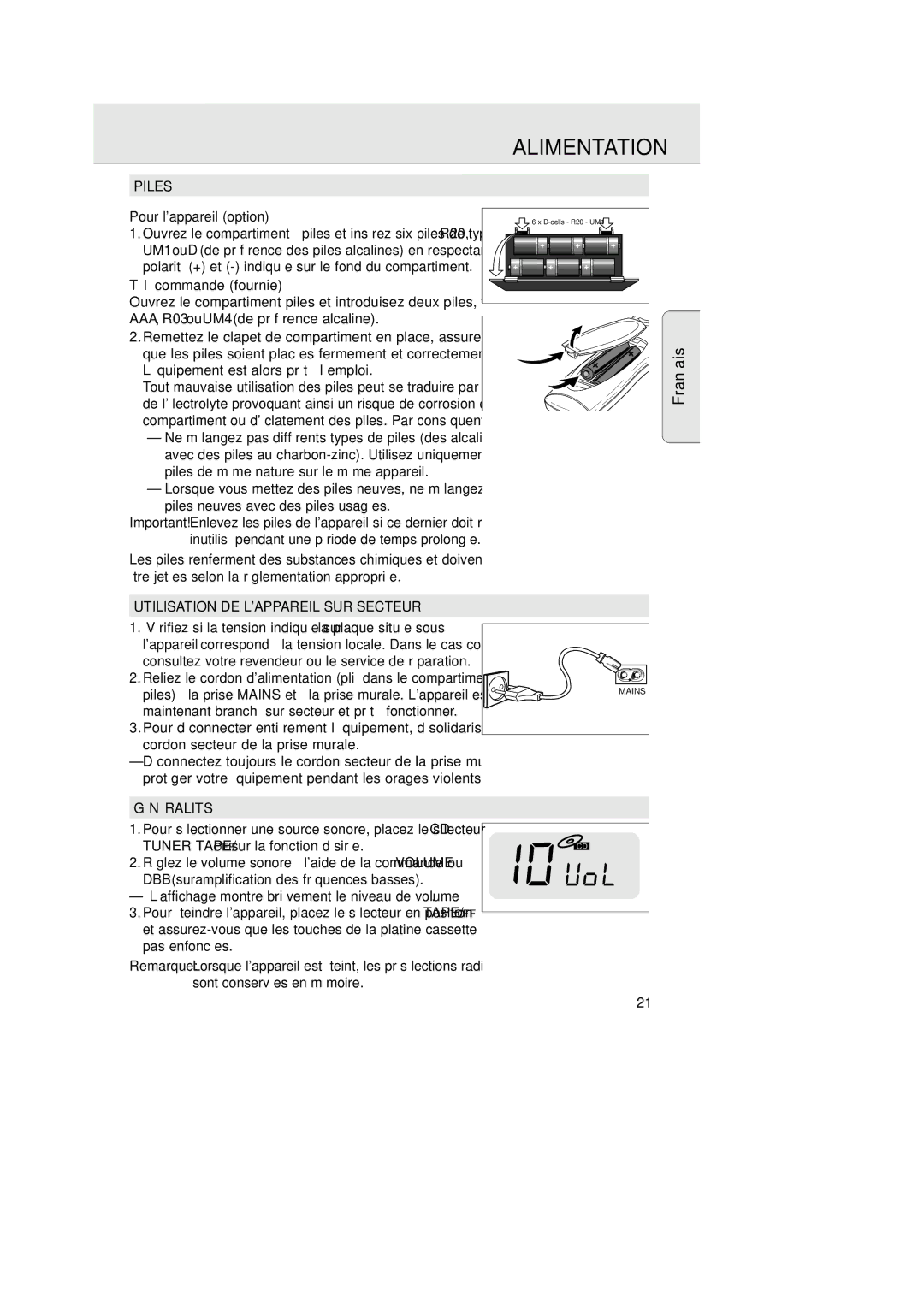 Philips AZ 1025 manual Alimentation, Piles, Utilisation DE Lappareil SUR Secteur, Généralités 