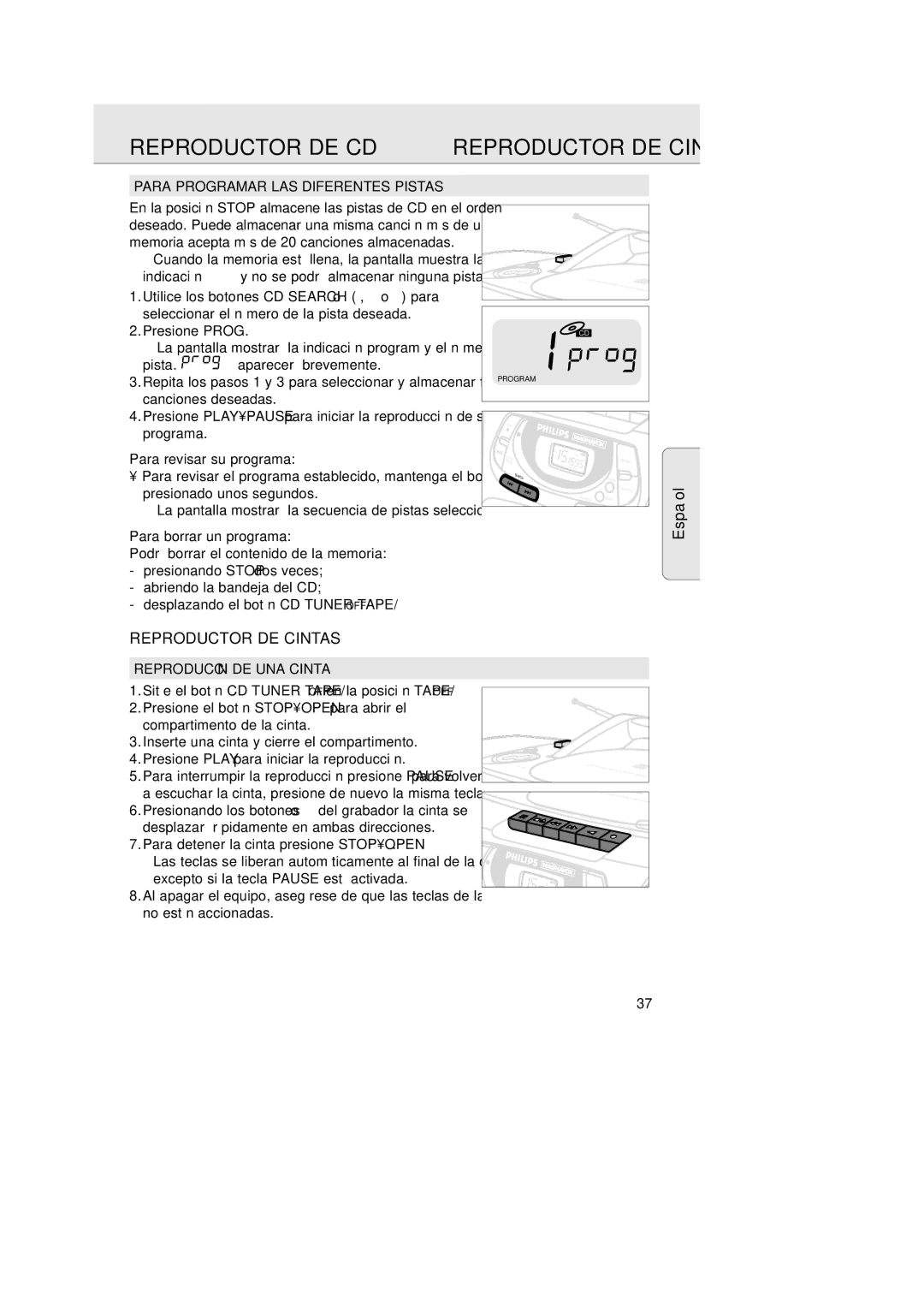 Philips AZ 1025 manual Para Programar LAS Diferentes Pistas, Para revisar su programa, Para borrar un programa 