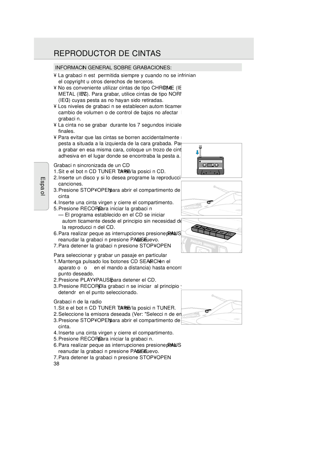 Philips AZ 1025 manual Reproductor DE Cintas, Información General Sobre Grabaciones, Grabación sincronizada de un CD 