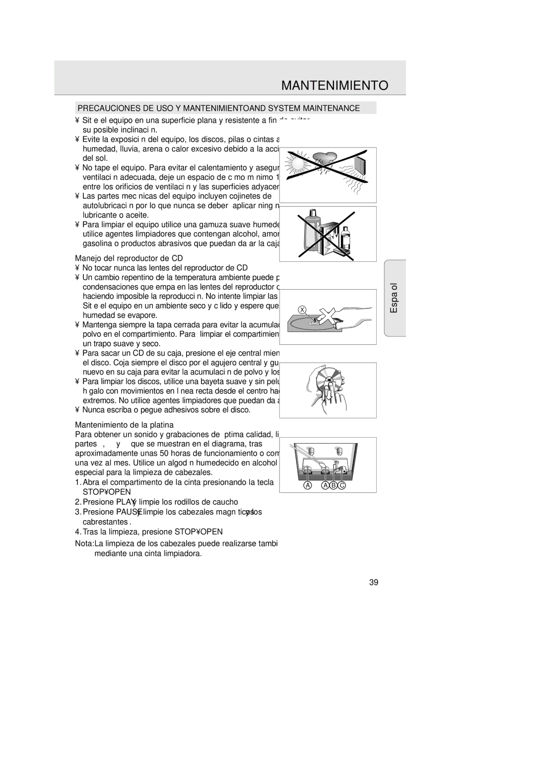 Philips AZ 1025 manual Precauciones DE USO Y Mantenimientoand System Maintenance, Manejo del reproductor de CD 