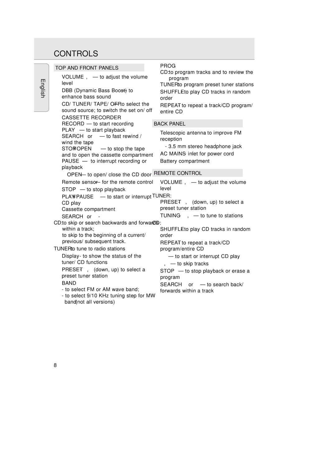 Philips AZ 1025 manual Controls 