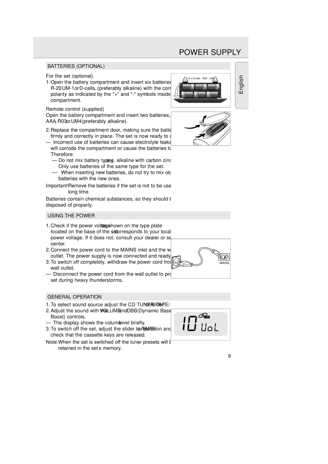 Philips AZ 1025 manual Power Supply, Batteries Optional, Using the Power, General Operation 