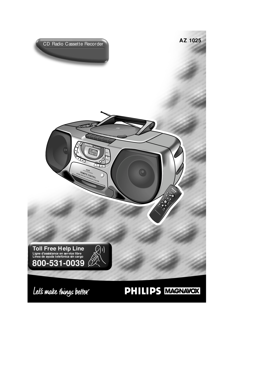 Philips AZ 1025 manual Toll Free Help Line, 800-531-0039, CD Radio Cassette Recorder, AZ1025, Contro, Stop, Prog, Presets 