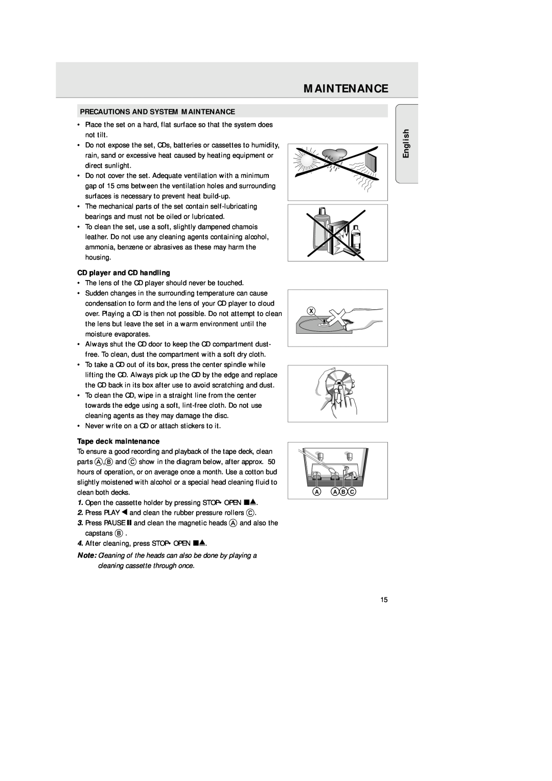 Philips AZ 1025 manual English, Precautions And System Maintenance, CD player and CD handling, Tape deck maintenance 