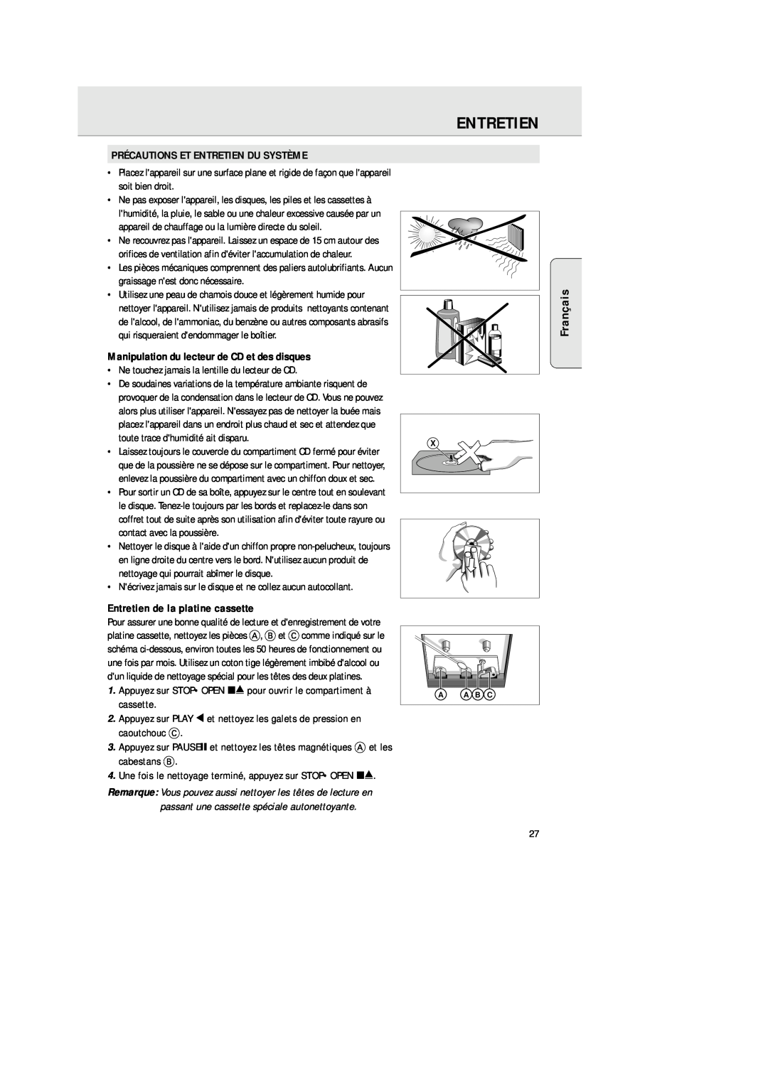 Philips AZ 1025 manual Français, Précautions Et Entretien Du Système, Manipulation du lecteur de CD et des disques 