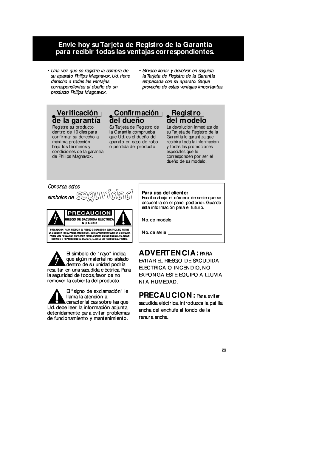Philips AZ 1025 manual Registro del modelo, Advertencia: Para, PRECAUCION: Para evitar, Verificación de la garantía 