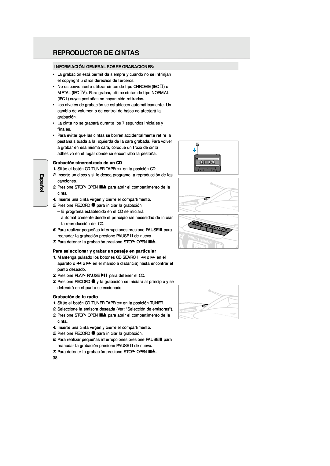 Philips AZ 1025 Reproductor De Cintas, Español, Información General Sobre Grabaciones, Grabación sincronizada de un CD 
