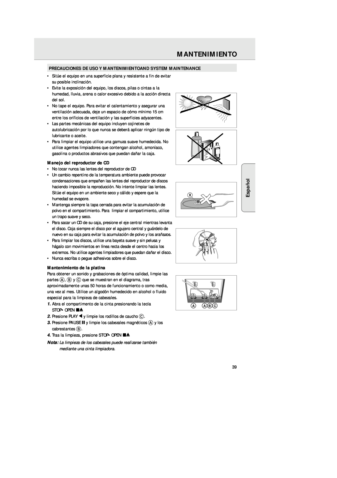 Philips AZ 1025 manual Español, Manejo del reproductor de CD, Mantenimiento de la platina 