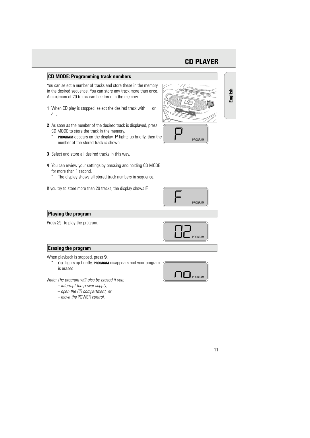 Philips AZ 1030 CD Mode Programming track numbers, Playing the program, Erasing the program, Press 2 to play the program 