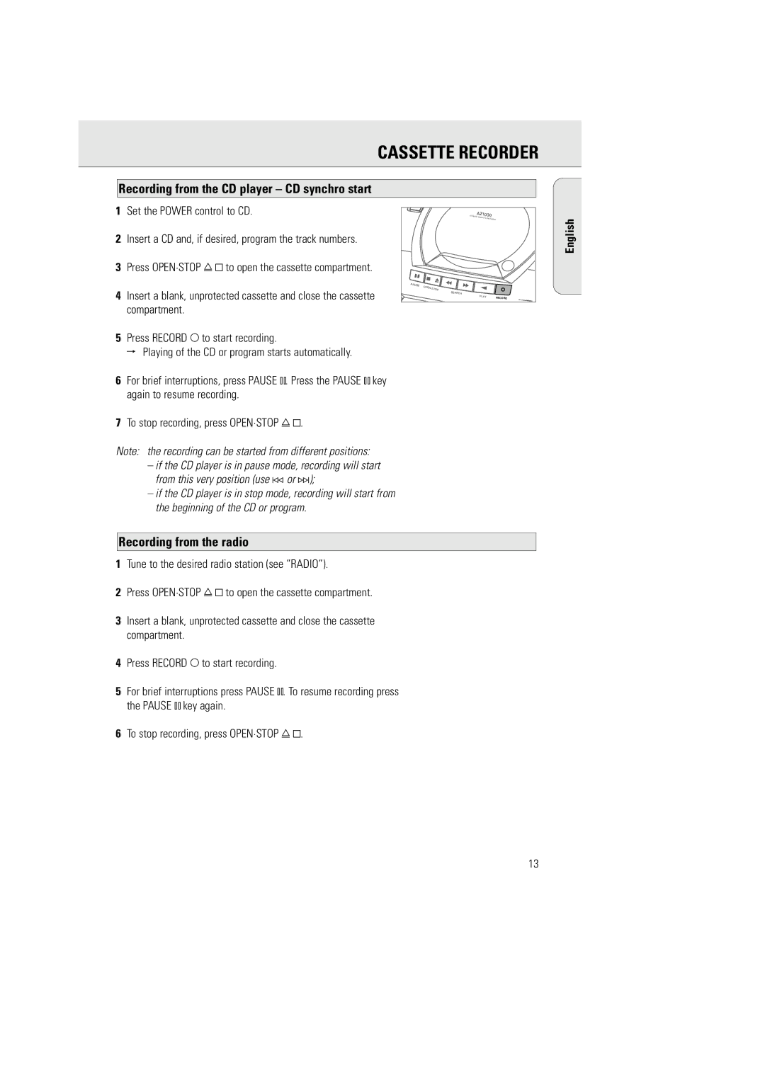 Philips AZ 1030 manual Recording from the CD player CD synchro start, Recording from the radio, Set the Power control to CD 