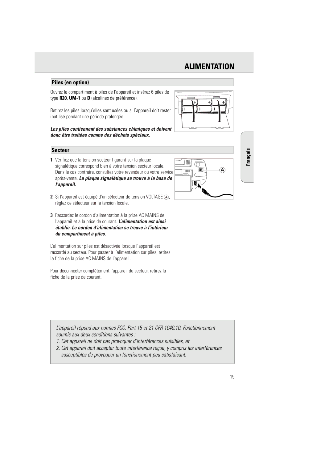 Philips AZ 1030 manual Alimentation, Piles en option, Secteur 