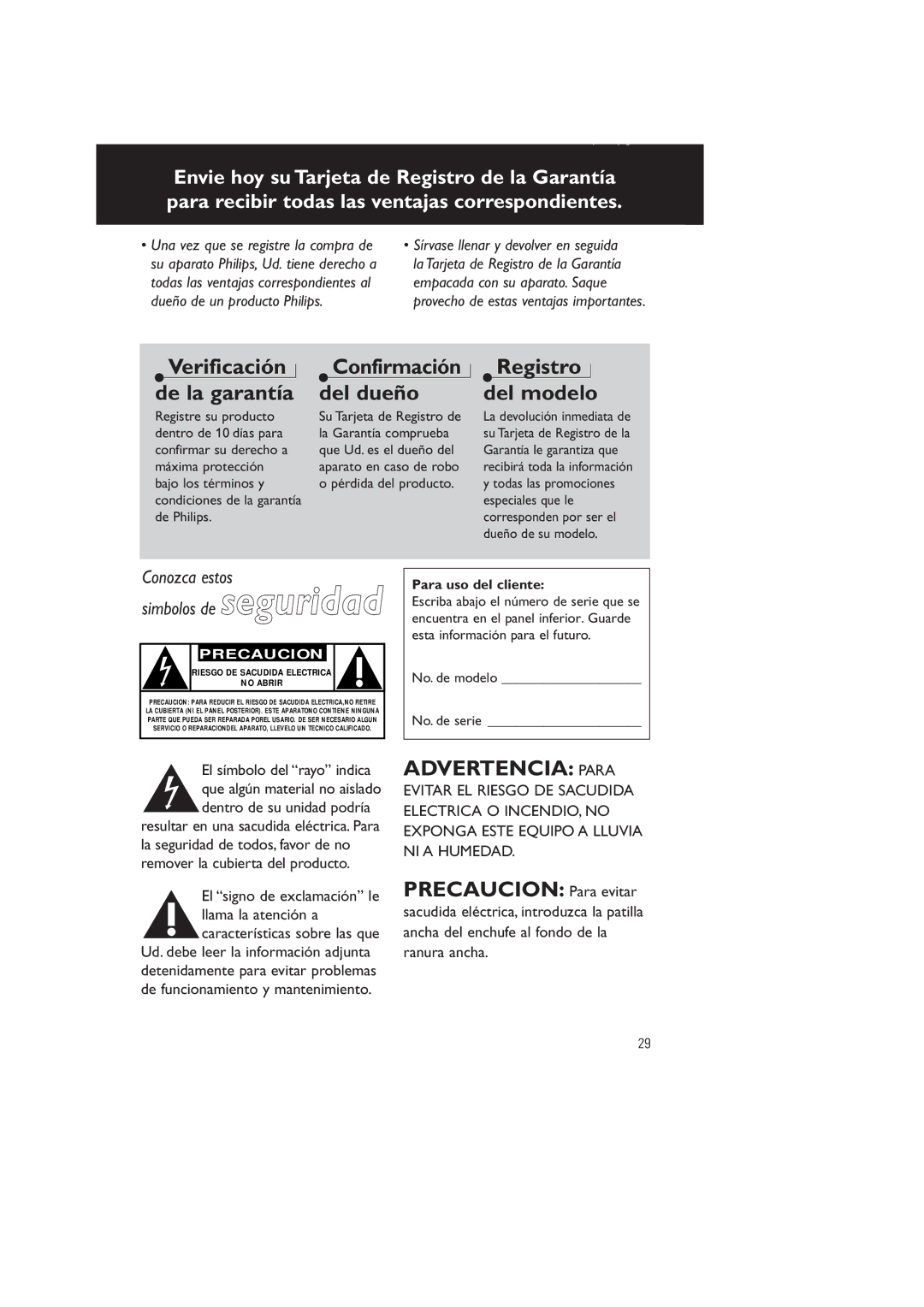 Philips AZ 1030 manual Advertencia Para, Para uso del cliente, No. de modelo No. de serie 