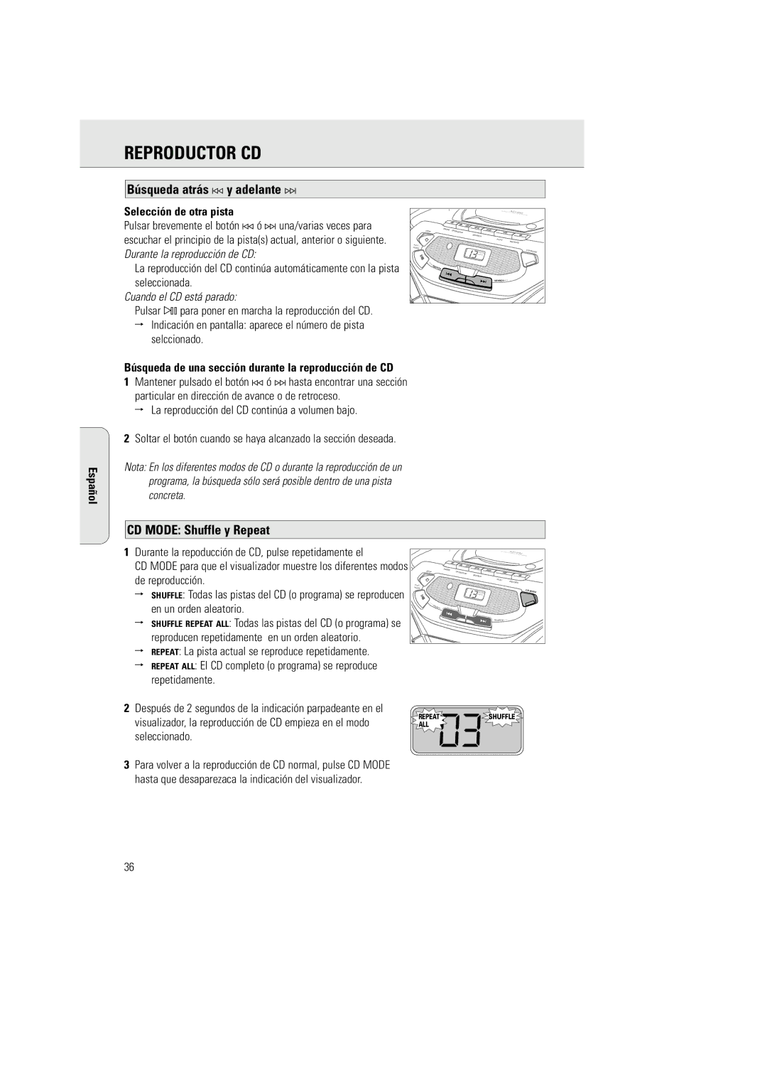 Philips AZ 1030 manual Búsqueda atrás y adelante ¤, CD Mode Shuffle y Repeat, Selección de otra pista 