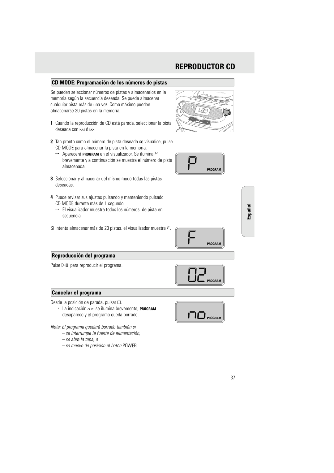 Philips AZ 1030 manual Reproducción del programa, Cancelar el programa, CD Mode Programación de los números de pistas 