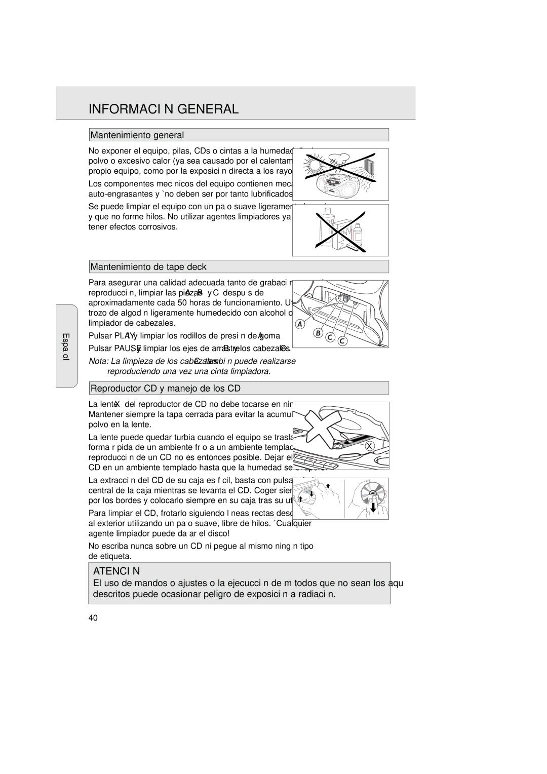 Philips AZ 1030 Información General, Mantenimiento general, Mantenimiento de tape deck, Reproductor CD y manejo de los CD 