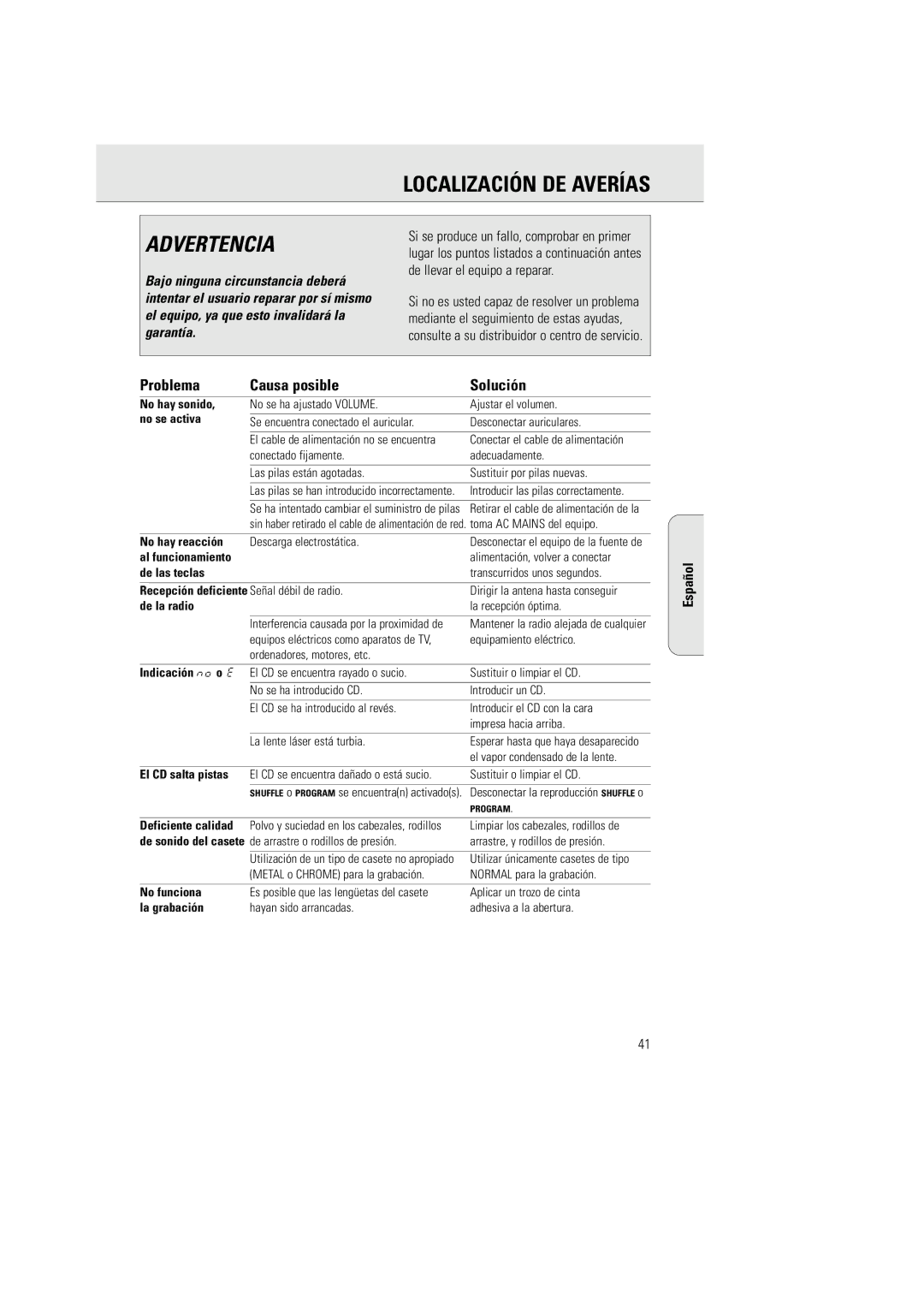 Philips AZ 1030 manual Advertencia, Problema Causa posible Solución 