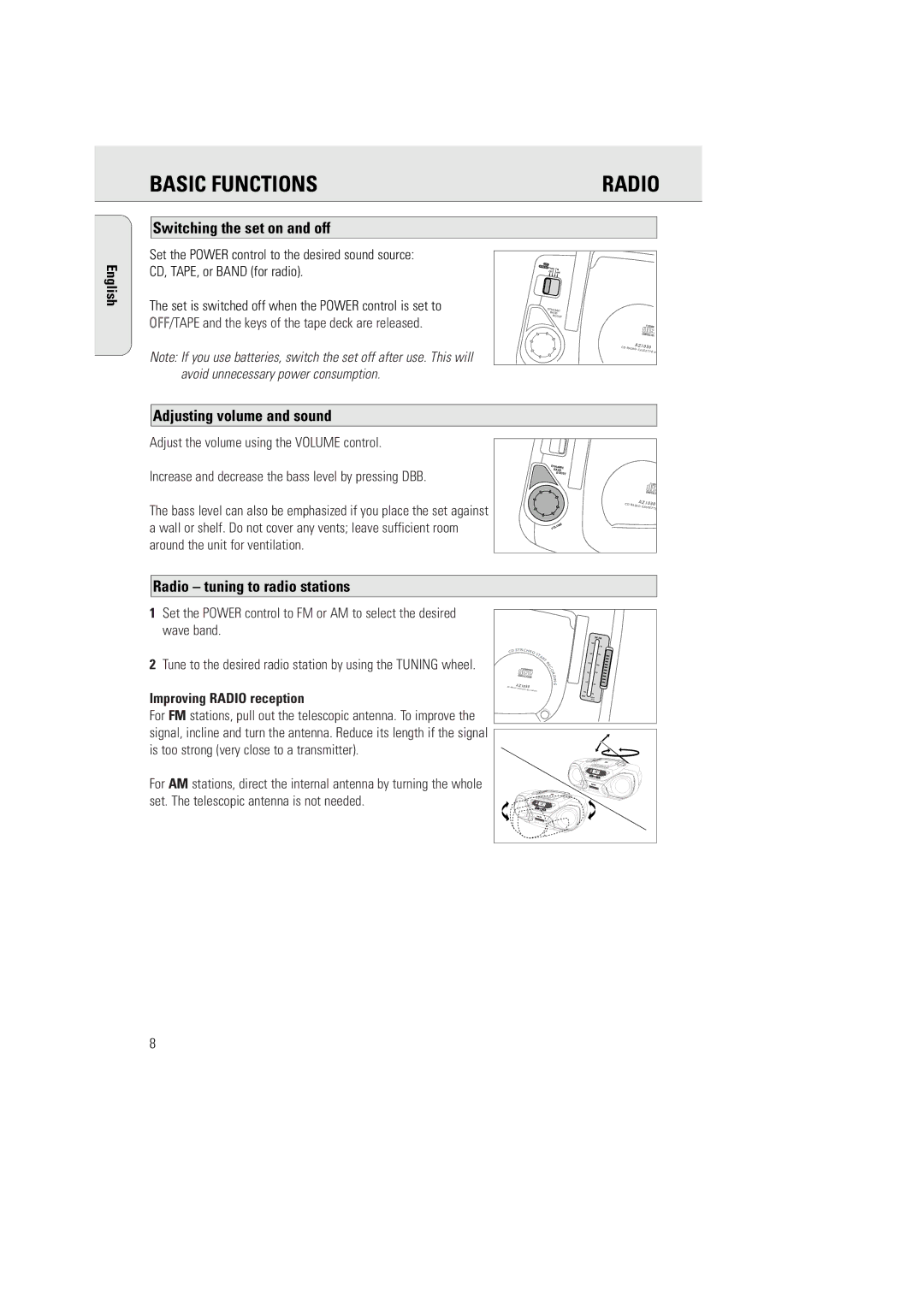 Philips AZ 1030 Basic Functions, Switching the set on and off, Adjusting volume and sound, Radio tuning to radio stations 