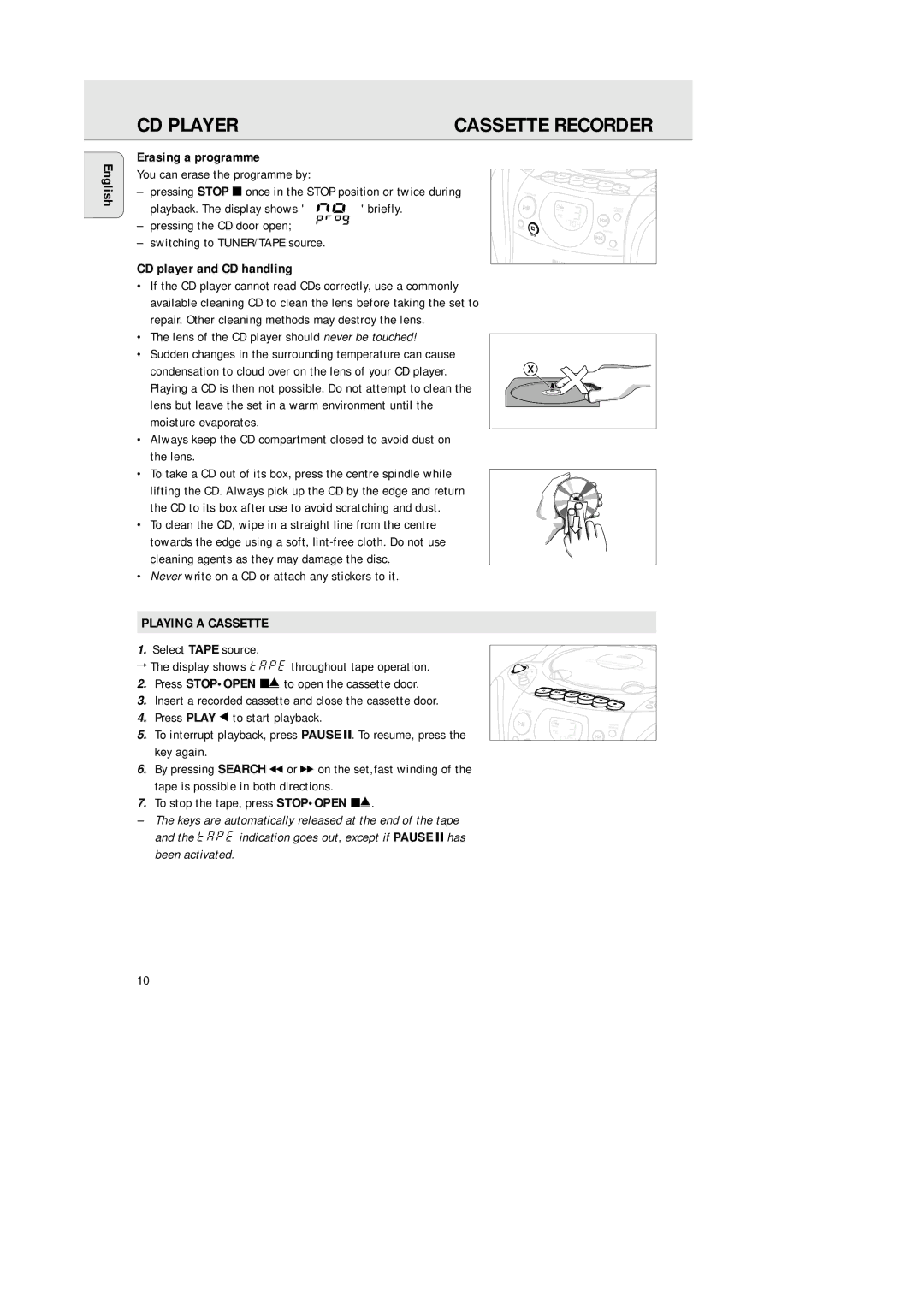 Philips AZ 1145 manual English Erasing a programme, CD player and CD handling, Playing a Cassette 