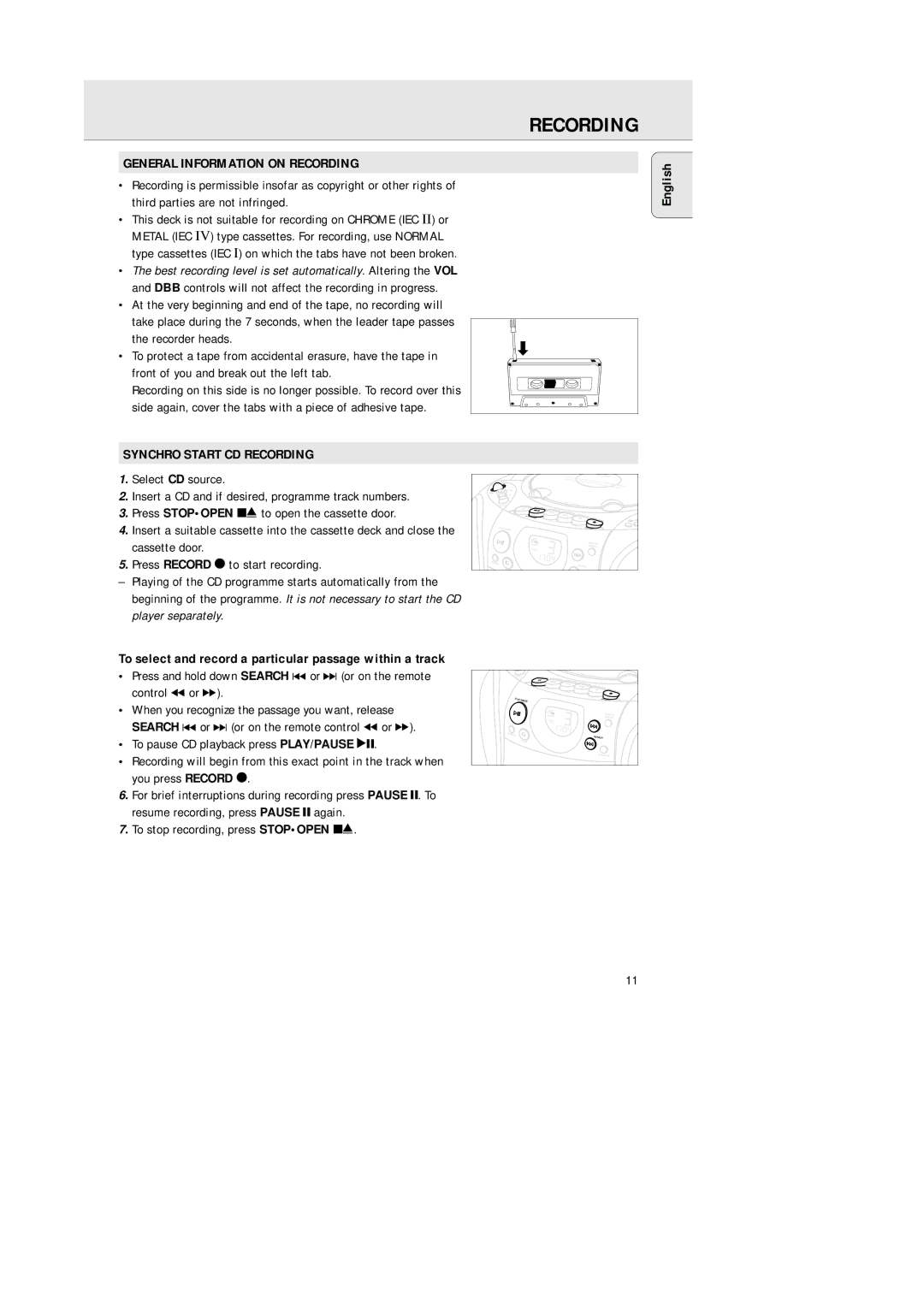 Philips AZ 1145 manual General Information on Recording, Synchro Start CD Recording, To stop recording, press Stopopen 