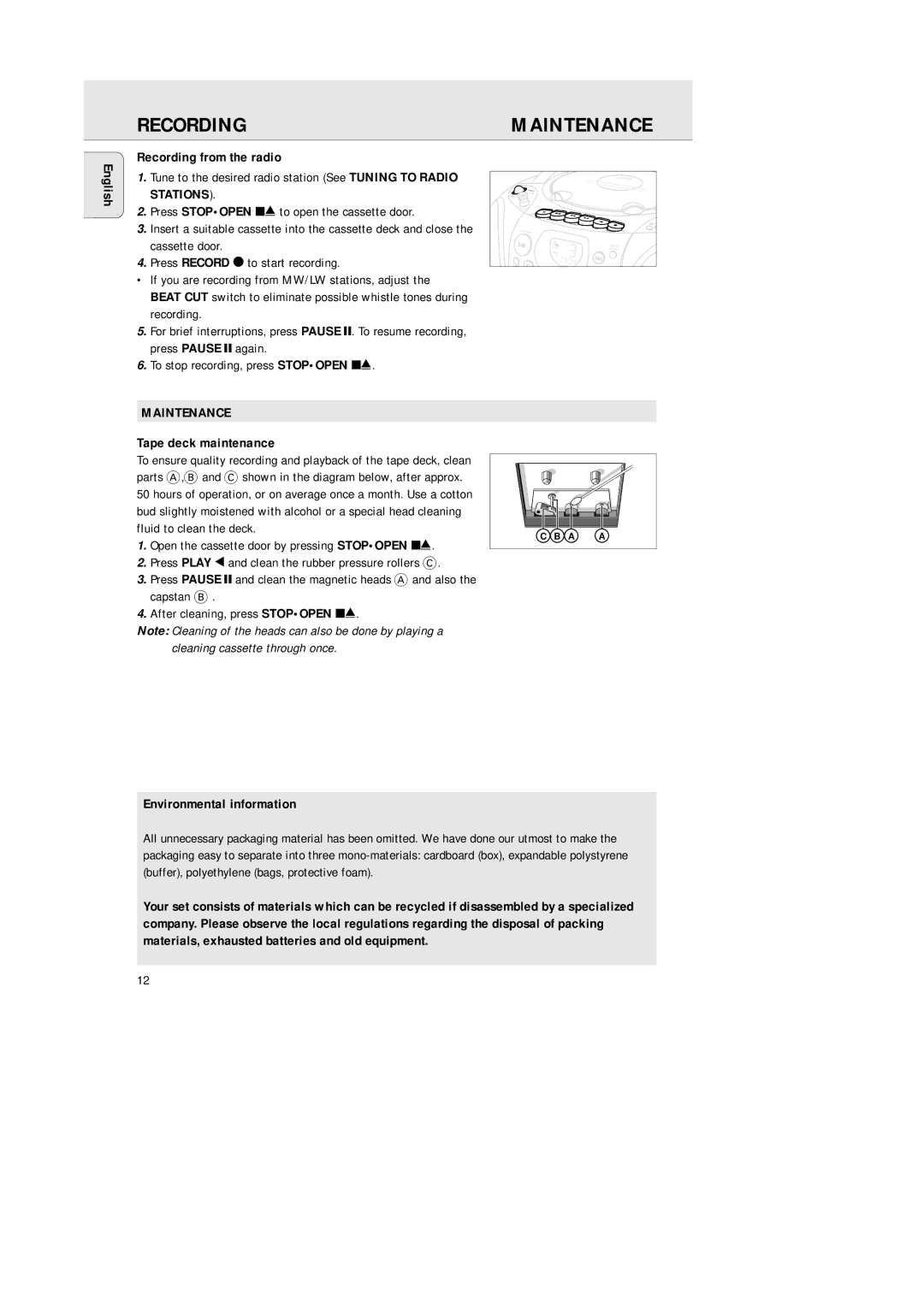 Philips AZ 1145 manual Maintenance, Recording from the radio, Tape deck maintenance, Environmental information 