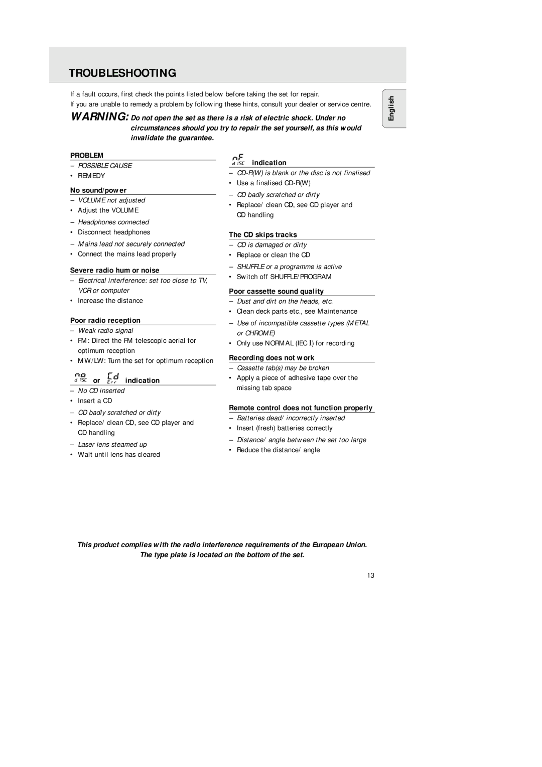 Philips AZ 1145 manual Troubleshooting, Problem 