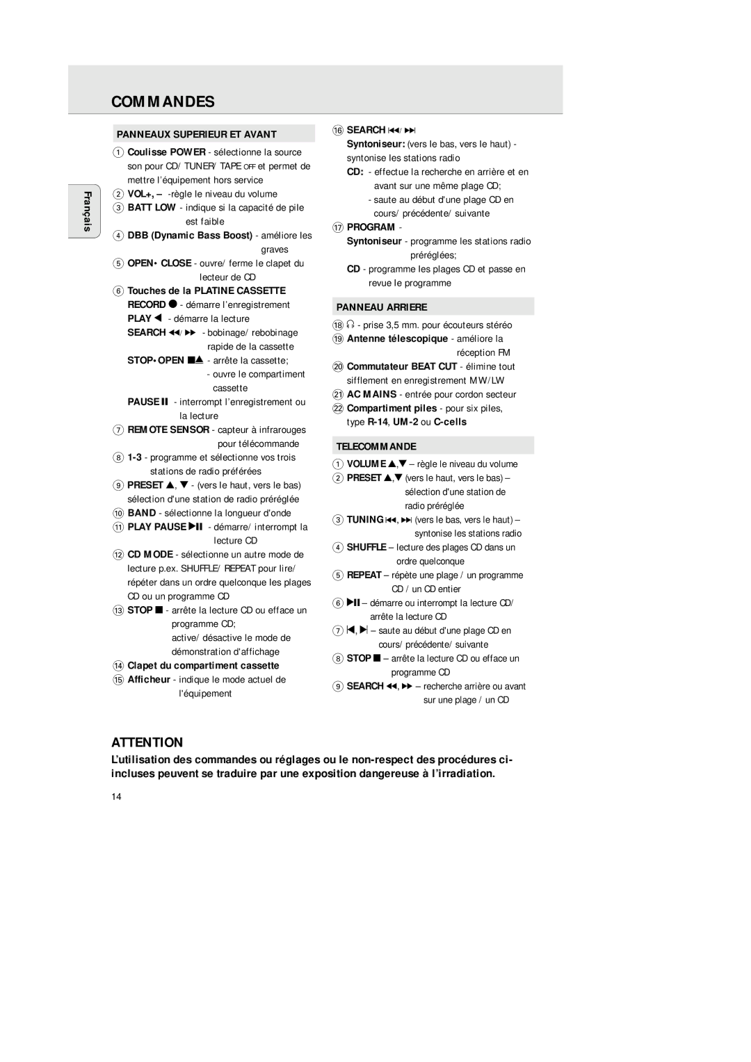 Philips AZ 1145 manual Commandes, Panneaux Superieur ET Avant, Panneau Arriere, Telecommande 