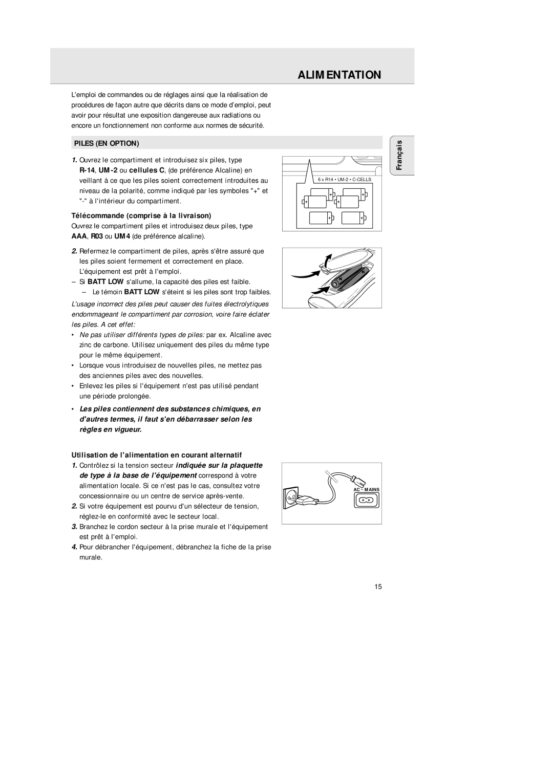 Philips AZ 1145 manual Alimentation, Piles EN Option, Télécommande comprise à la livraison, Léquipement est prêt à lemploi 