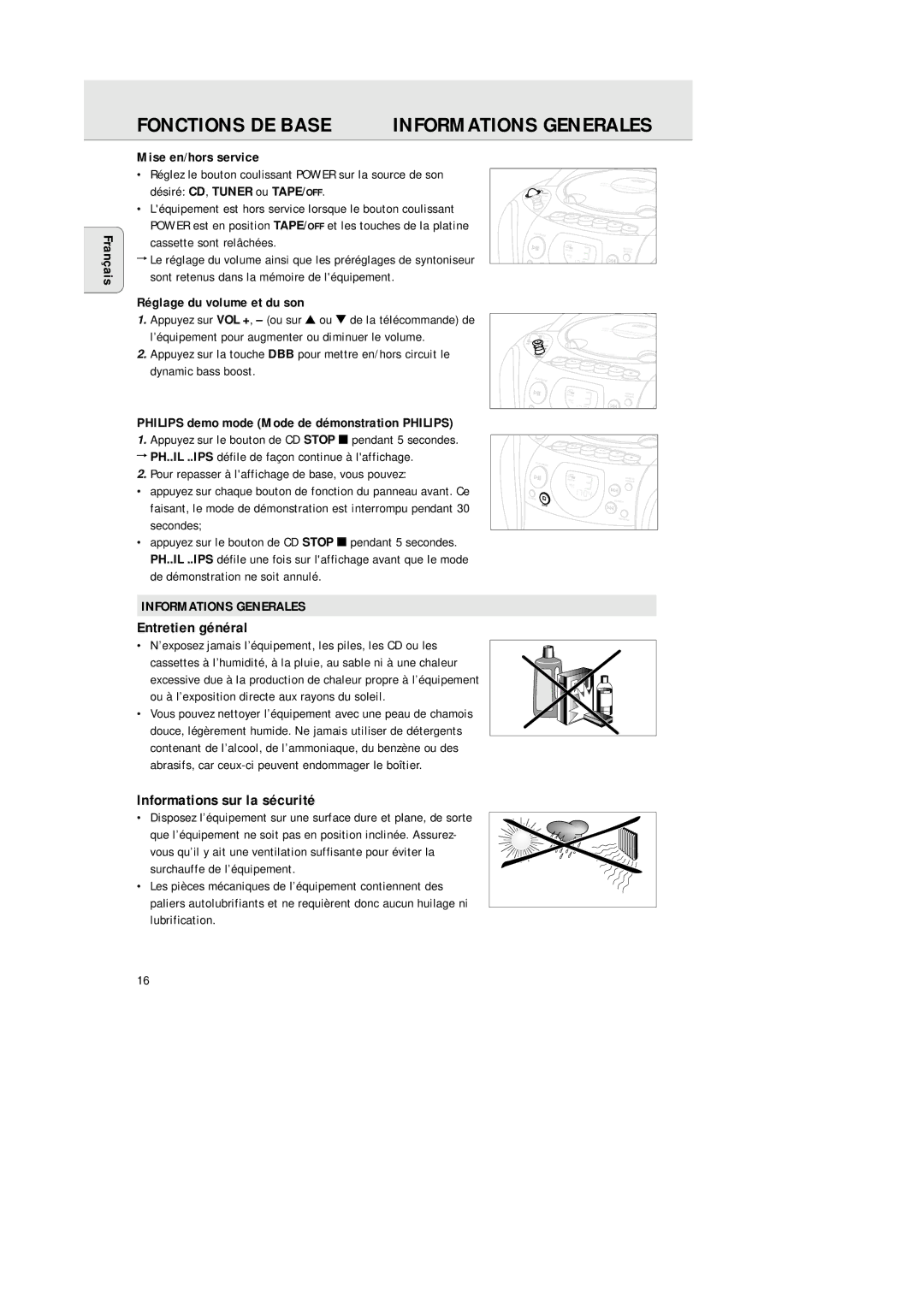 Philips AZ 1145 manual Fonctions DE Base, Informations Generales, Entretien général, Informations sur la sécurité 