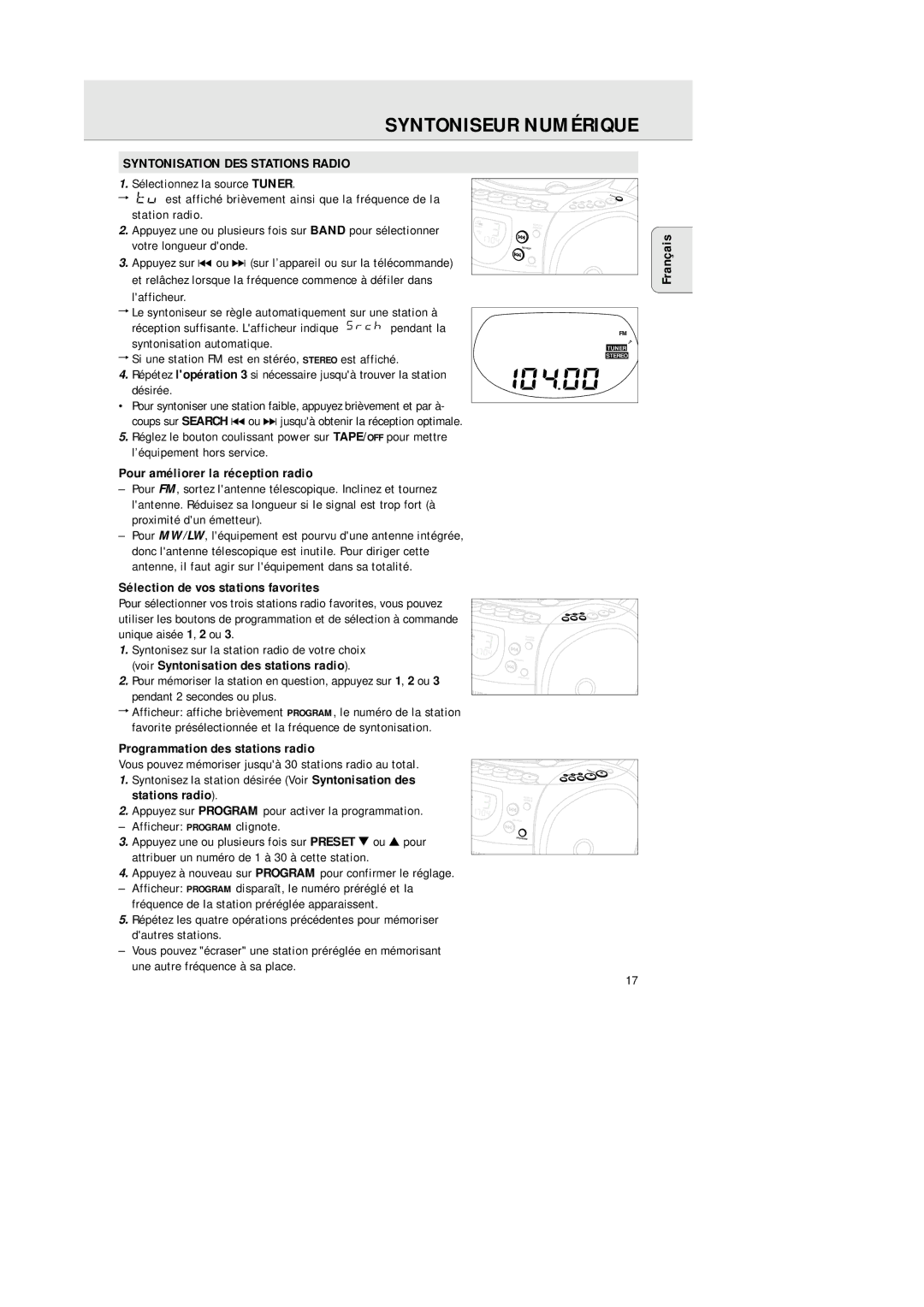 Philips AZ 1145 manual Syntoniseur Numérique, Syntonisation DES Stations Radio, Pour améliorer la réception radio 