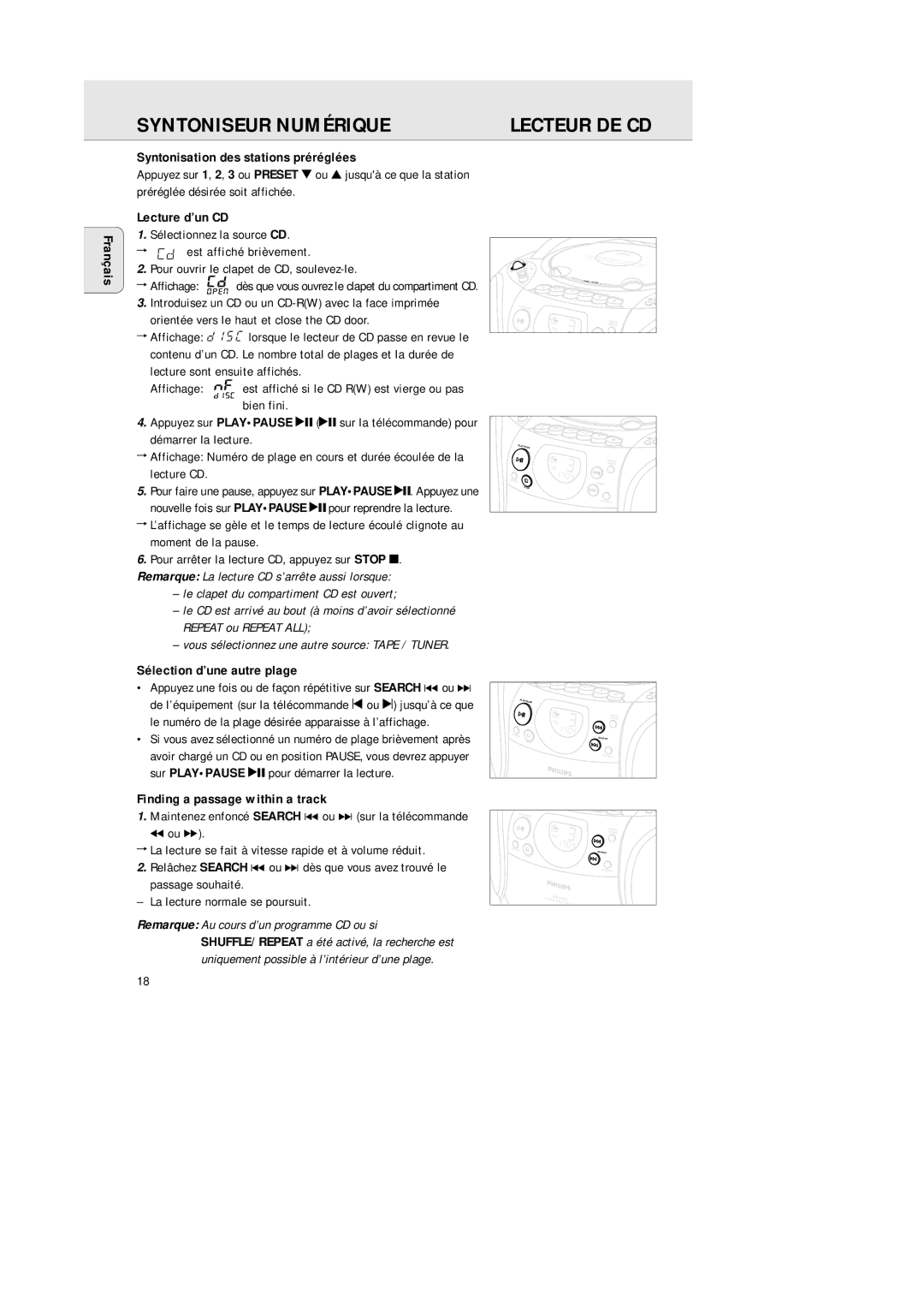 Philips AZ 1145 manual Lecteur DE CD, Syntonisation des stations préréglées, Lecture d’un CD, Sélection d’une autre plage 