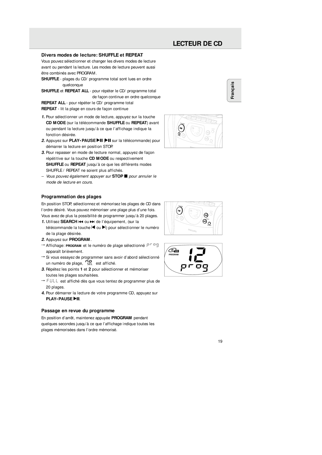 Philips AZ 1145 manual Divers modes de lecture Shuffle et Repeat, Programmation des plages, Passage en revue du programme 