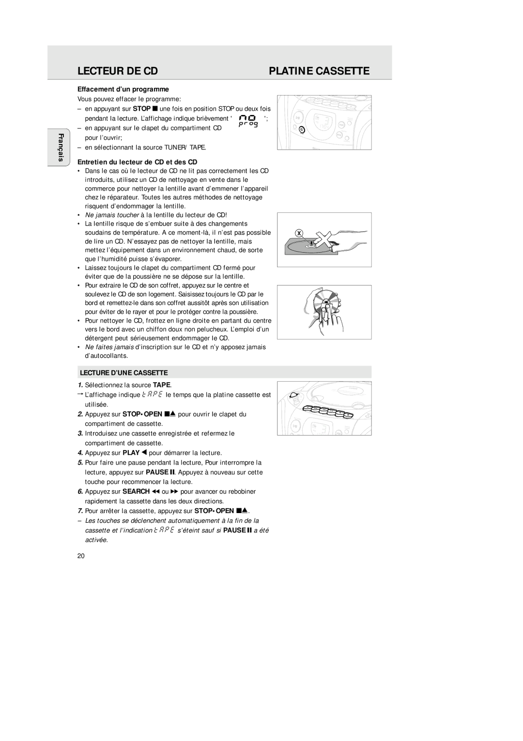 Philips AZ 1145 manual Platine Cassette, Entretien du lecteur de CD et des CD, Lecture D’UNE Cassette 