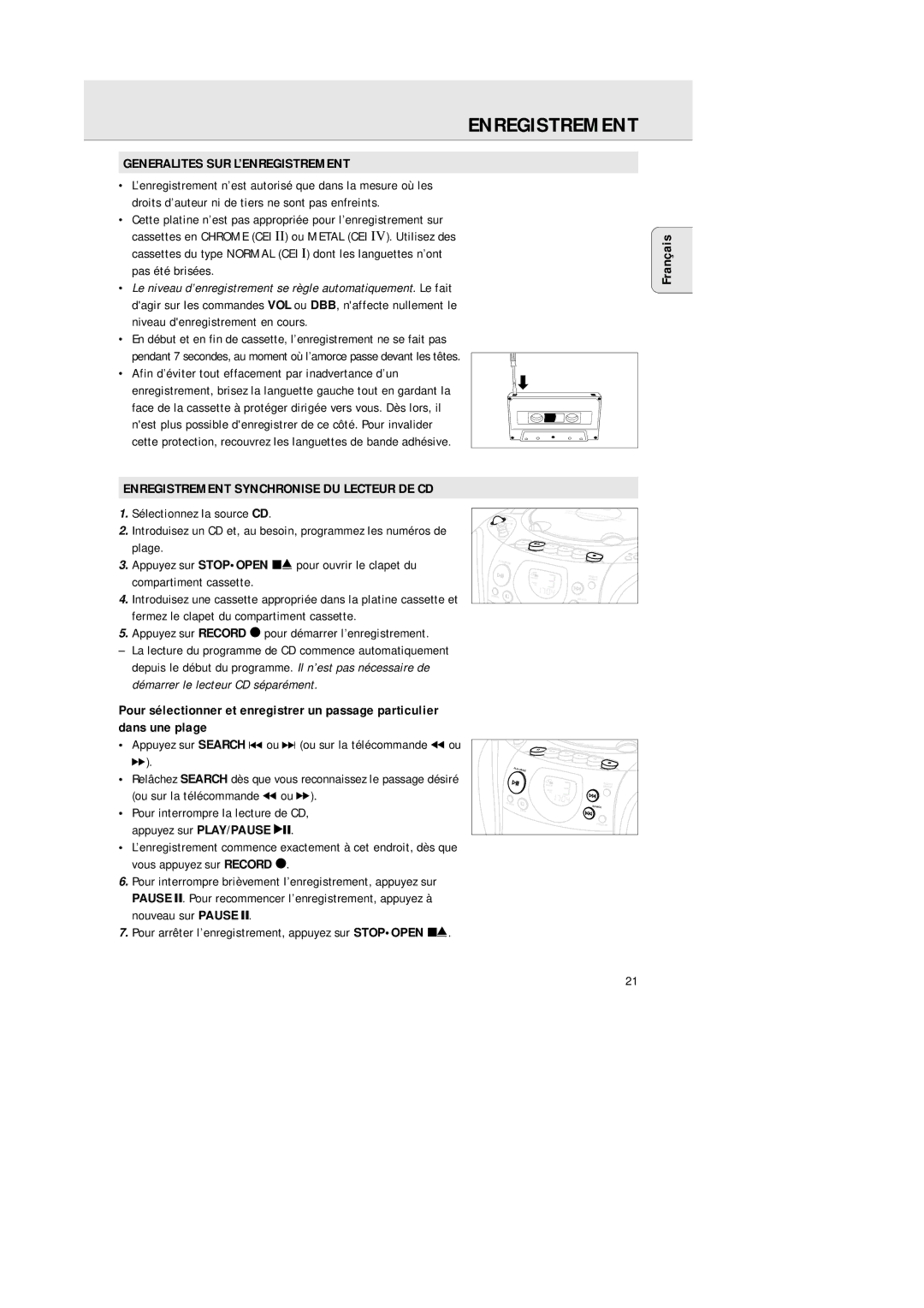 Philips AZ 1145 Generalites SUR L’ENREGISTREMENT, Enregistrement Synchronise DU Lecteur DE CD, Vous appuyez sur Record 