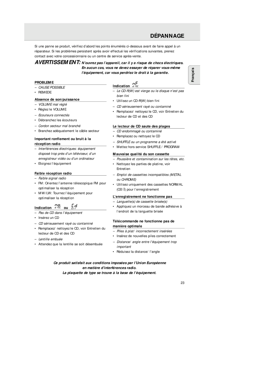 Philips AZ 1145 manual Dépannage, Probleme 