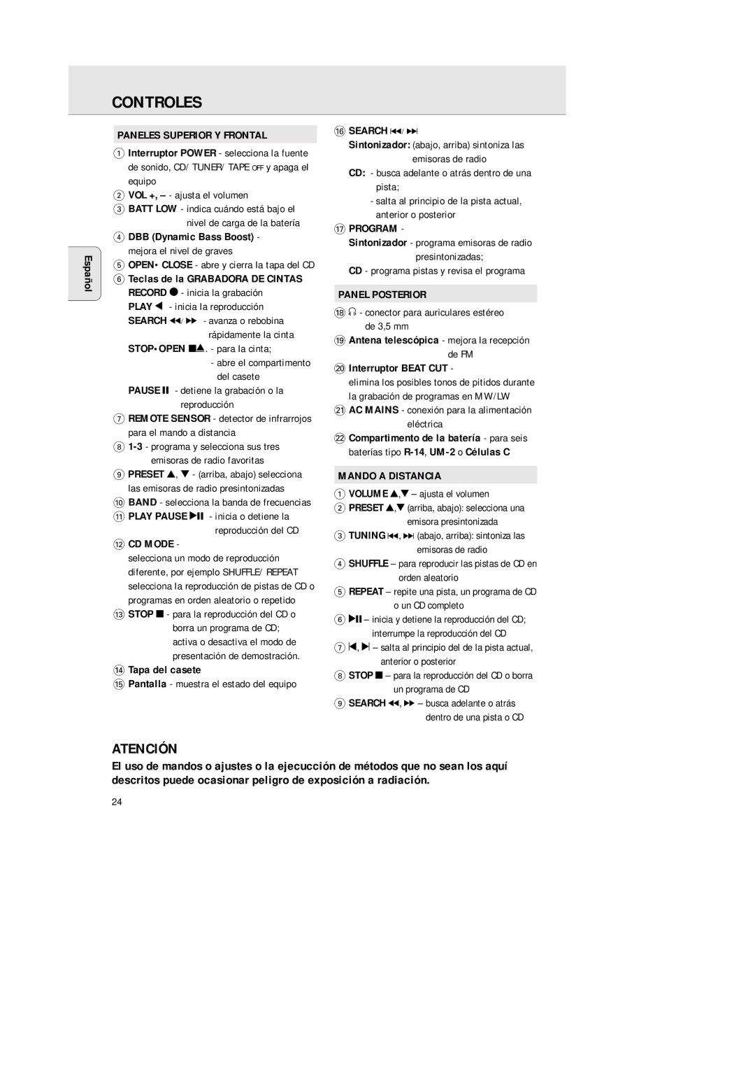 Philips AZ 1145 manual Controles, Paneles Superior Y Frontal, @ CD Mode, Panel Posterior, Mando a Distancia 