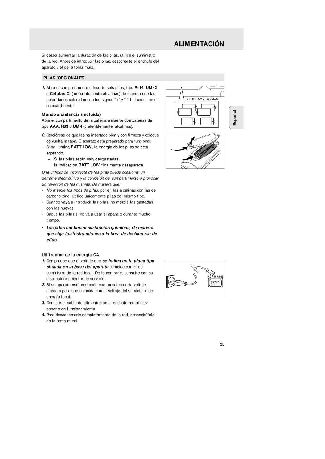 Philips AZ 1145 manual Alimentación, Pilas Opcionales, Mando a distancia incluido, Utilización de la energía CA 