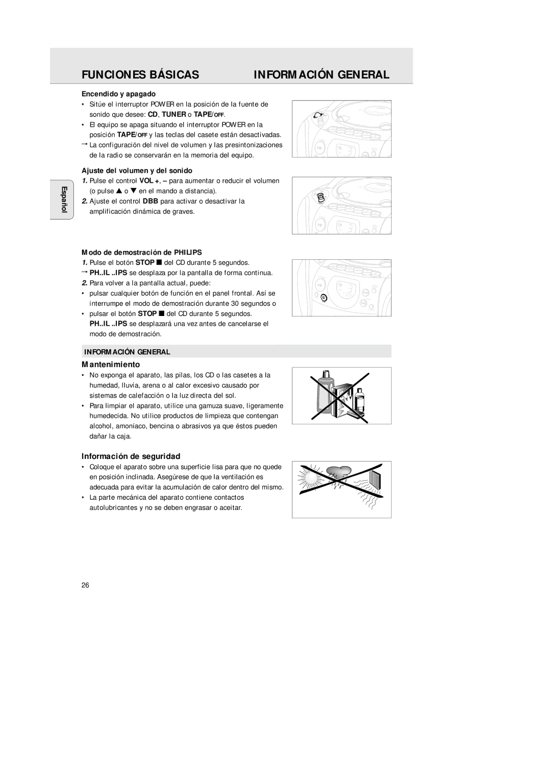 Philips AZ 1145 manual Funciones Básicas, Información General, Mantenimiento, Información de seguridad 