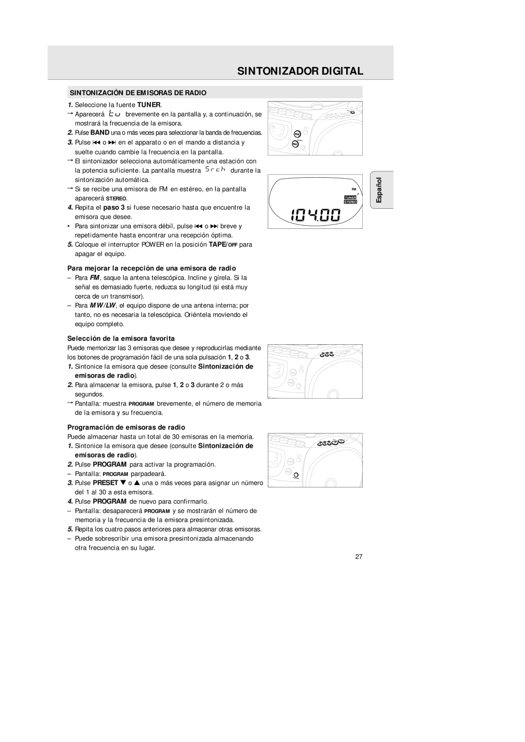 Philips AZ 1145 manual Sintonizador Digital, Sintonización DE Emisoras DE Radio 