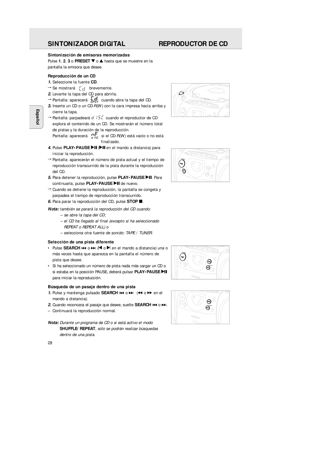 Philips AZ 1145 manual Reproductor DE CD, Español Sintonización de emisoras memorizadas, Reproducción de un CD 