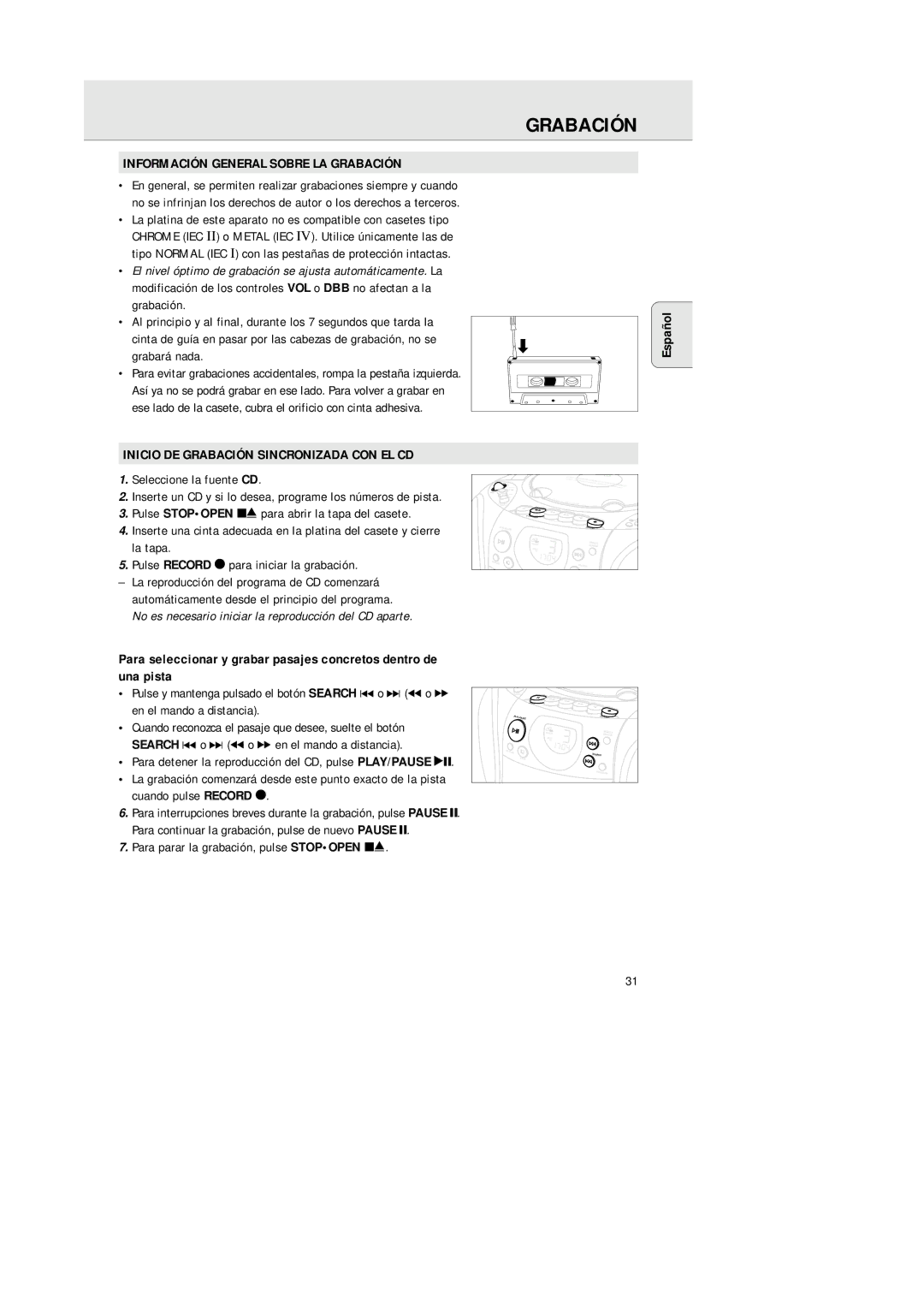 Philips AZ 1145 manual Información General Sobre LA Grabación, Inicio DE Grabación Sincronizada CON EL CD 